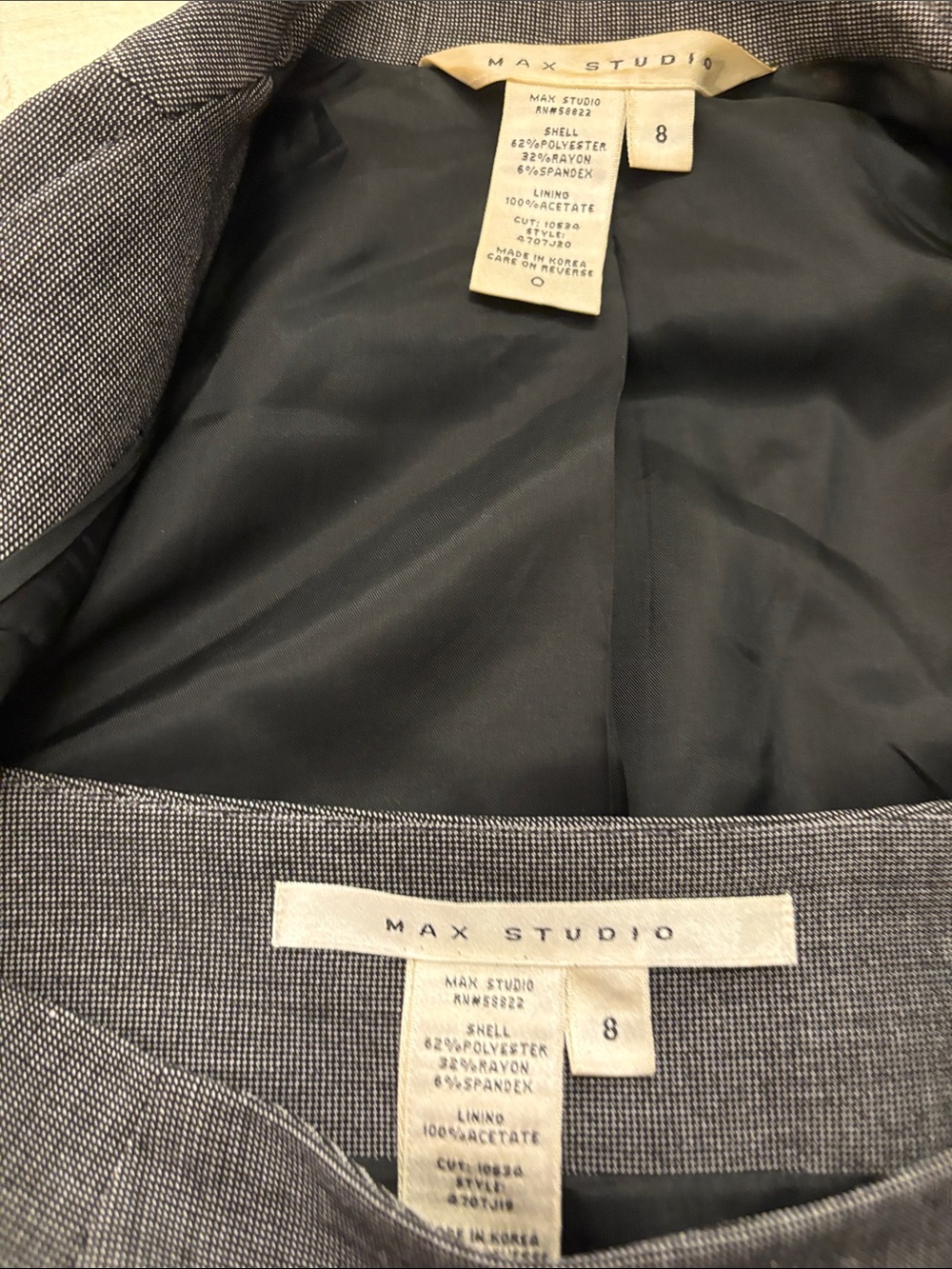 Max Studio Black Lined Grey Textured Blazer with matching mini skirt
